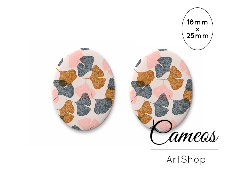 Oval Glass Cabochon 18x25mm Leaves motive 2 pieces - 0774 - Cameos Art Shop