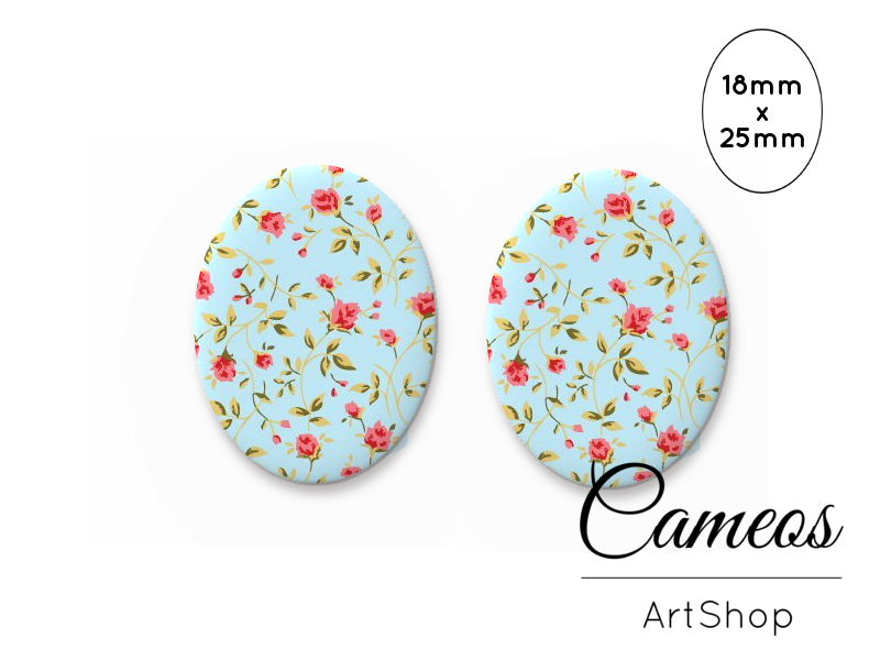 Oval Glass Cabochon 18x25mm Blue Floral motive 2 pieces - 0777 - Cameos Art Shop