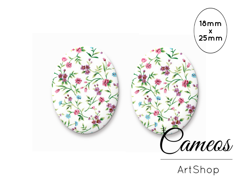 Oval Glass Cabochon 18x25mm Floral motive 2 pieces - 0778 - Cameos Art Shop