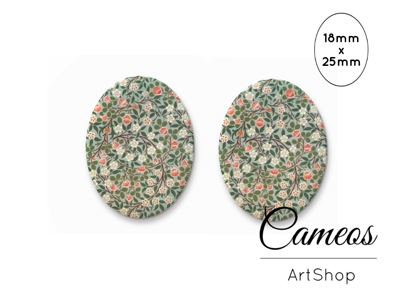 Oval Glass Cabochon 18x25mm Green Floral motive 2 pieces - 0779 - Cameos Art Shop