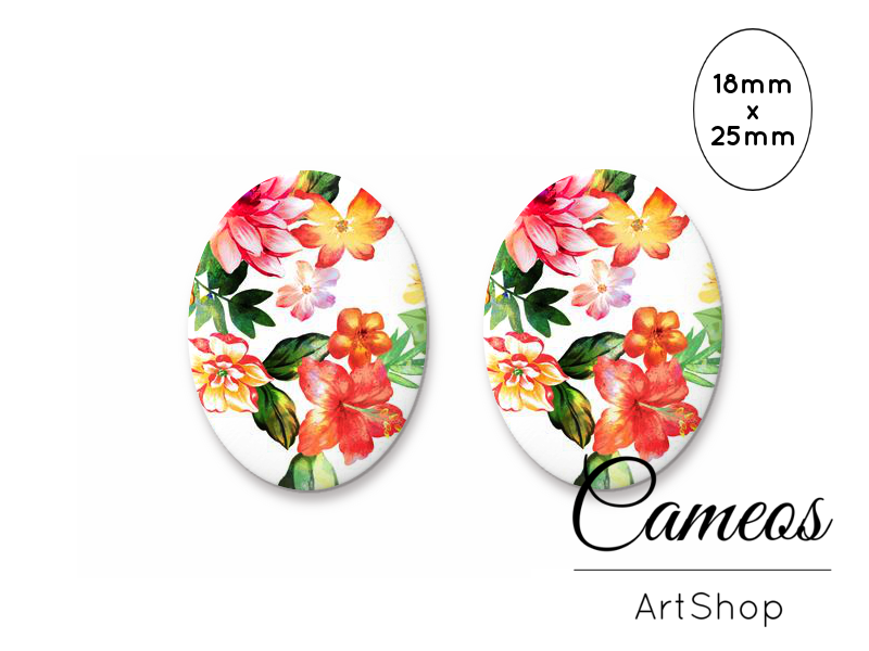 Oval Glass Dome Cabochon 18x25mm Orange Flowers 2 pieces - O792 - Cameos Art Shop