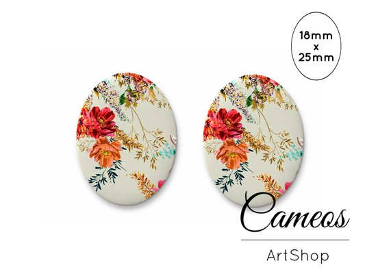 Oval Glass Cabochon 18x25mm Flowers 2 pieces - O793 - Cameos Art Shop