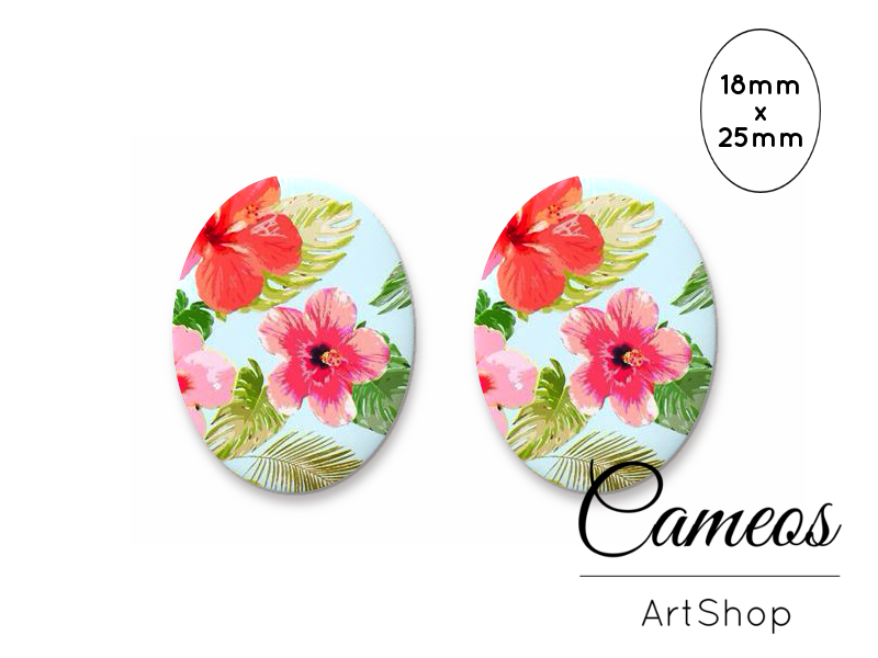 Oval Glass Cabochon 18x25mm Flowers 2 pieces - O794 - Cameos Art Shop