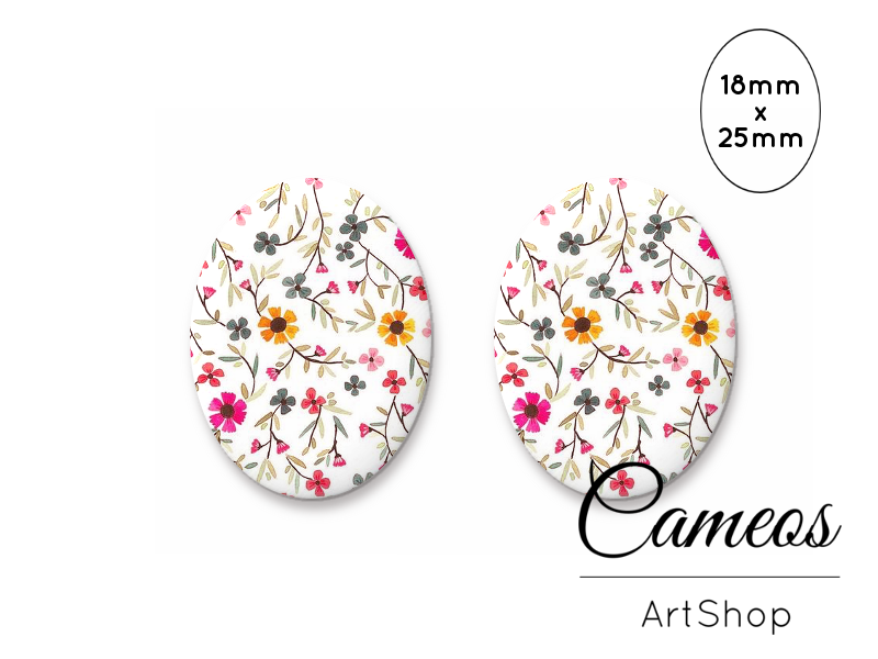 Oval Glass Cabochon 18x25mm Flowers 2 pieces - O795 - Cameos Art Shop