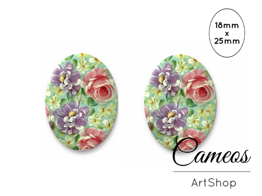 Oval Glass Cabochon 18x25mm Flowers 2 pieces - O796 - Cameos Art Shop