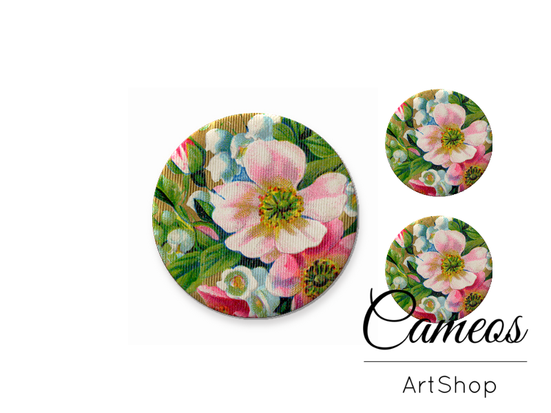 Glass cabochon set 1x25mm and 2x12mm or 1x20mm and 2x10mm, Flowers Motive- S1000 - Cameos Art Shop