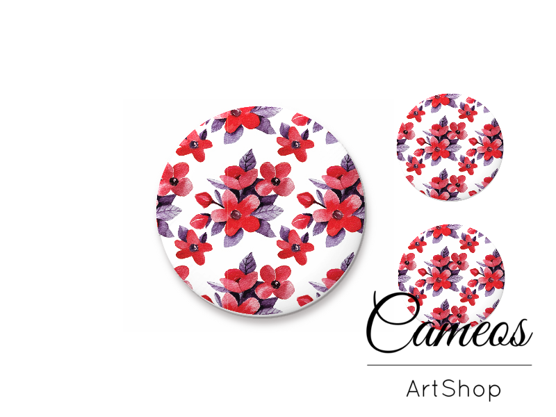 Glass cabochon set 1x25mm and 2x12mm or 1x20mm and 2x10mm, Red Flowers- S1296 - Cameos Art Shop
