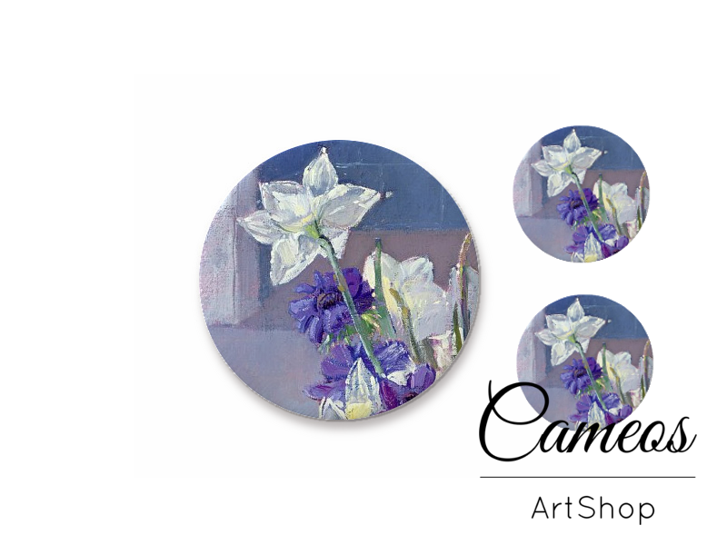 Glass cabochon set 1x25mm and 2x12mm or 1x20mm and 2x10mm, Flowers- S1300 - Cameos Art Shop