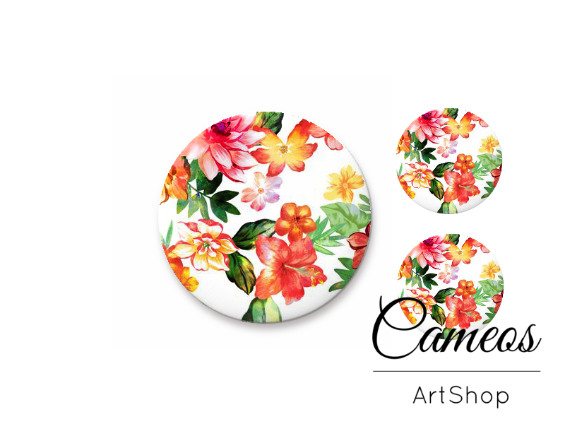 Glass cabochon set 1x25mm and 2x12mm or 1x20mm and 2x10mm, Flowers- S1303 - Cameos Art Shop