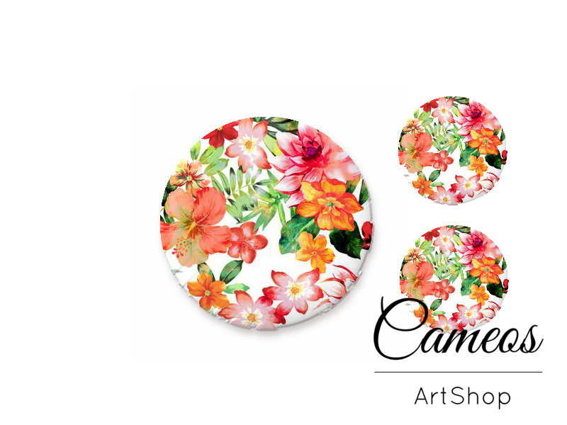 Glass cabochon set 1x25mm and 2x12mm or 1x20mm and 2x10mm, Tropical Flowers- S1304 - Cameos Art Shop