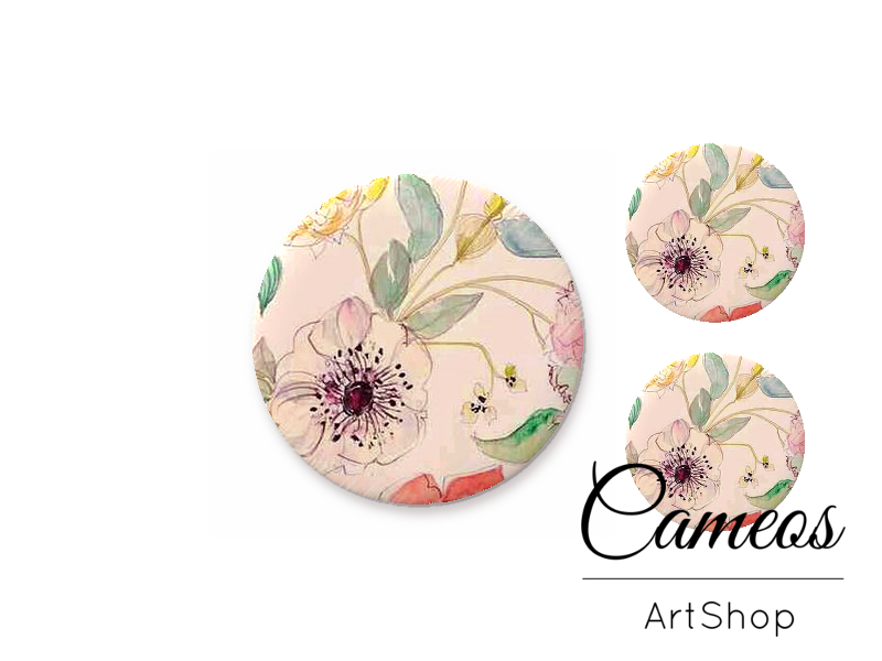 Glass cabochon set 1x25mm and 2x12mm or 1x20mm and 2x10mm, Flowers- S1305 - Cameos Art Shop