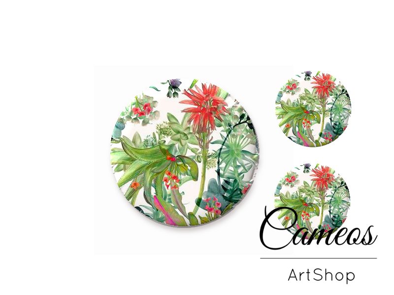 Glass cabochon set 1x25mm and 2x12mm or 1x20mm and 2x10mm, Tropical Flowers- S1306 - Cameos Art Shop