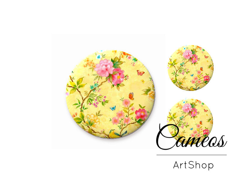 Glass cabochon set 1x25mm and 2x12mm or 1x20mm and 2x10mm, Yellow Flowers- S1315 - Cameos Art Shop