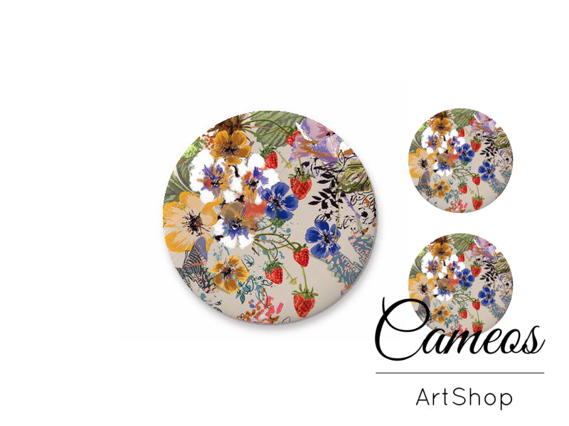 Glass cabochon set 1x25mm and 2x12mm or 1x20mm and 2x10mm, Flowers- S1321 - Cameos Art Shop