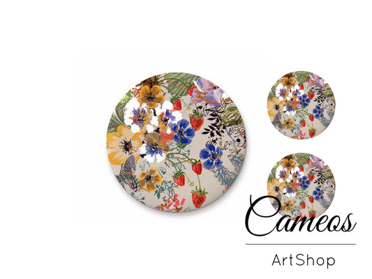 Glass cabochon set 1x25mm and 2x12mm or 1x20mm and 2x10mm, Flowers- S1321 - Cameos Art Shop