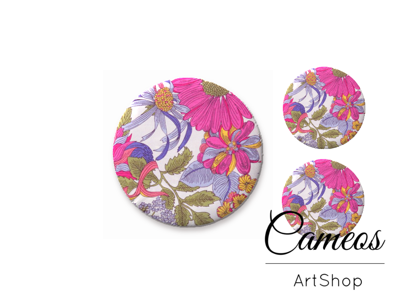 Glass cabochon set 1x25mm and 2x12mm or 1x20mm and 2x10mm, Pink Floral- S1331 - Cameos Art Shop