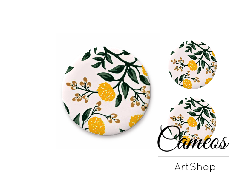 Glass cabochon set 1x25mm and 2x12mm or 1x20mm and 2x10mm, Yellow Floral- S1334 - Cameos Art Shop