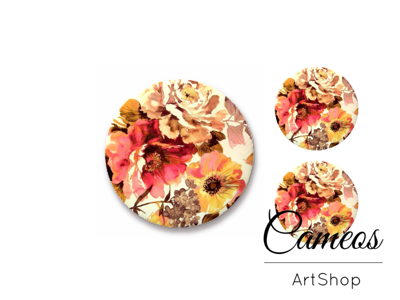 Glass cabochon set 1x25mm and 2x12mm or 1x20mm and 2x10mm, Orange Floral- S1335 - Cameos Art Shop
