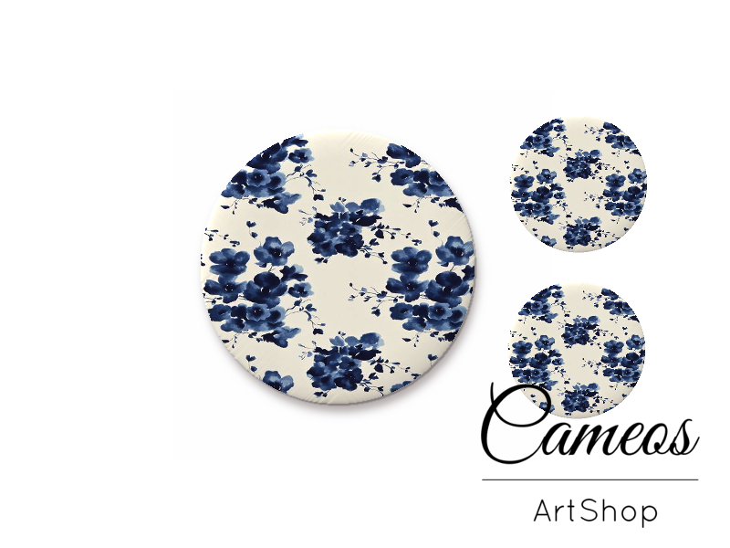 Glass cabochon set 1x25mm and 2x12mm or 1x20mm and 2x10mm, Blue Flowers- S1337 - Cameos Art Shop
