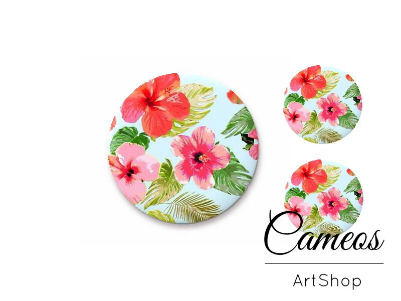 Glass cabochon set 1x25mm and 2x12mm or 1x20mm and 2x10mm, Tropical Flowers- S1339 - Cameos Art Shop