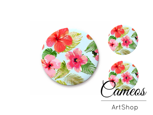 Glass cabochon set 1x25mm and 2x12mm or 1x20mm and 2x10mm, Tropical Flowers- S1339 - Cameos Art Shop