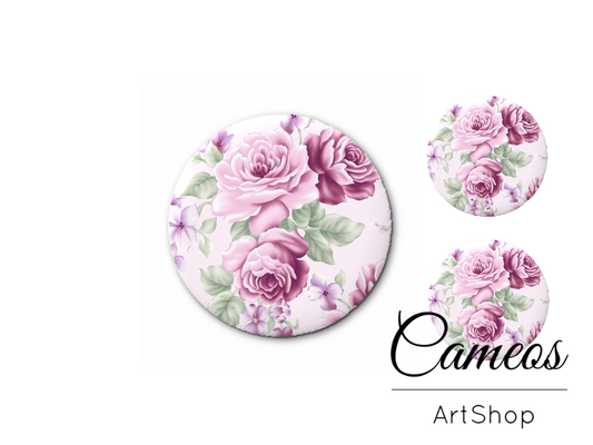 Glass cabochon set 1x25mm and 2x12mm or 1x20mm and 2x10mm, Purple Roses- S1351 - Cameos Art Shop