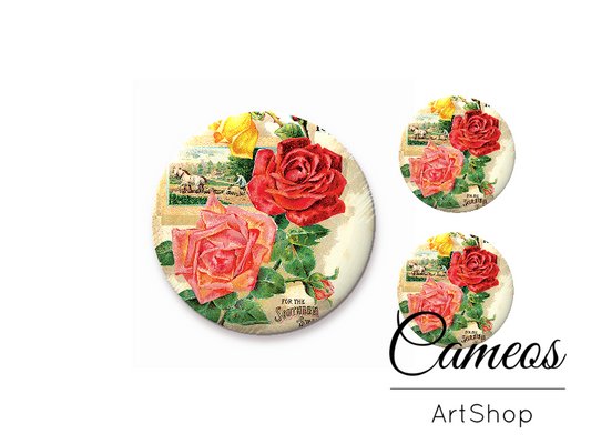 Glass cabochon set 1x25mm and 2x12mm or 1x20mm and 2x10mm, Flowers- S1358 - Cameos Art Shop