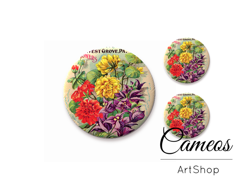 Glass cabochon set 1x25mm and 2x12mm or 1x20mm and 2x10mm, Flowers- S1360 - Cameos Art Shop