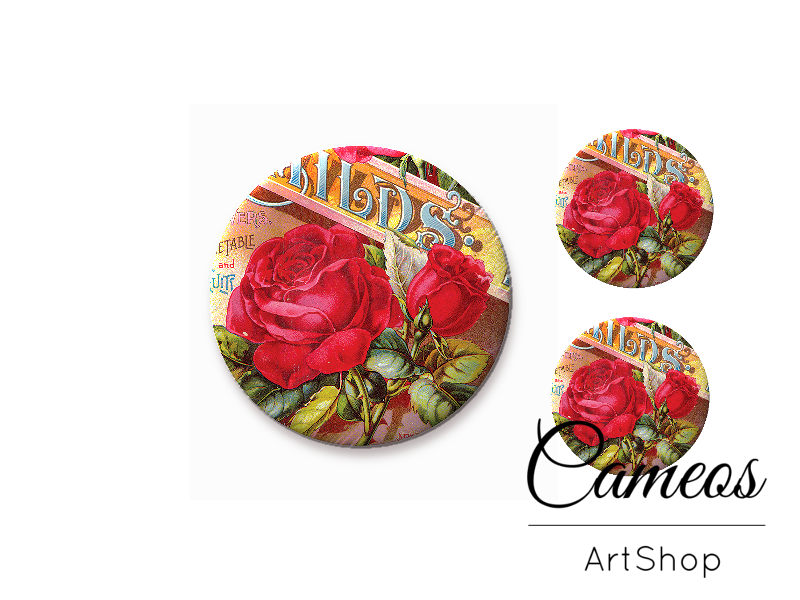 Glass cabochon set 1x25mm and 2x12mm or 1x20mm and 2x10mm, Red Rose- S1364 - Cameos Art Shop