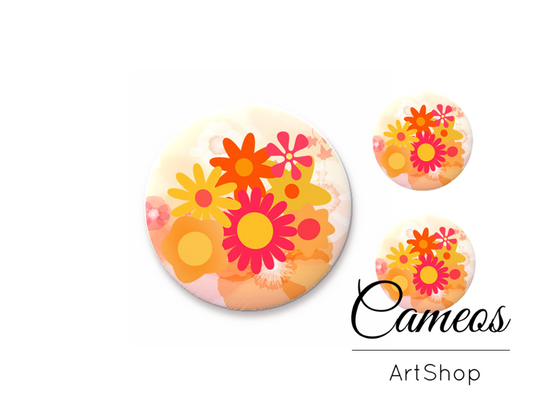Glass cabochon set 1x25mm and 2x12mm or 1x20mm and 2x10mm, Orange Floral- S1375 - Cameos Art Shop