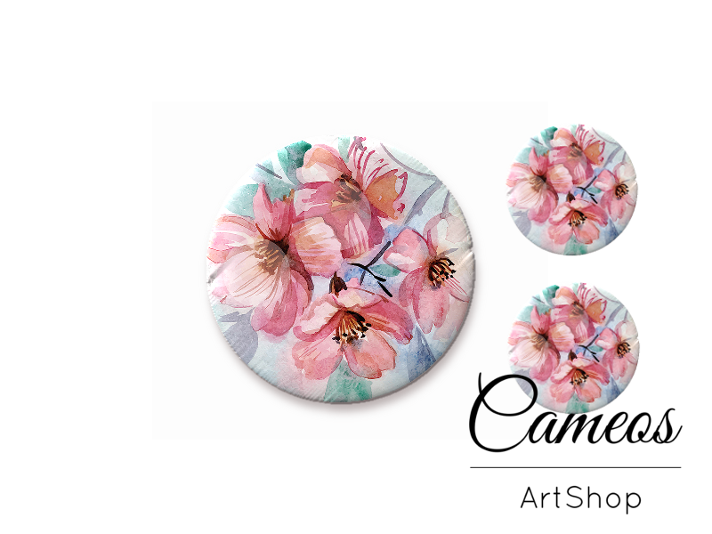 Glass cabochon set 1x25mm and 2x12mm or 1x20mm and 2x10mm, Flowers- S1385 - Cameos Art Shop