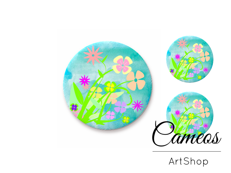 Glass cabochon set 1x25mm and 2x12mm or 1x20mm and 2x10mm, Flowers- S1408 - Cameos Art Shop