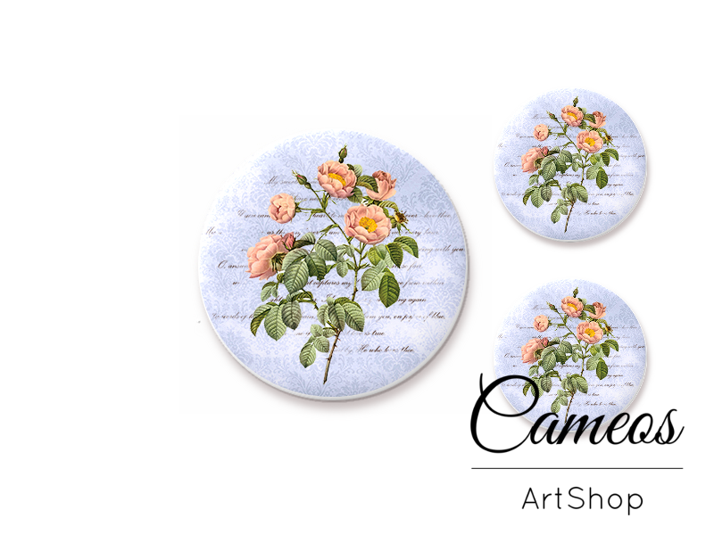 Glass cabochon set 1x25mm and 2x12mm or 1x20mm and 2x10mm, Flowers- S1419 - Cameos Art Shop