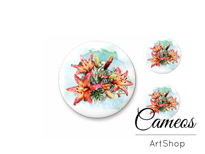 Glass cabochon set 1x25mm and 2x12mm or 1x20mm and 2x10mm, Flowers- S1423 - Cameos Art Shop
