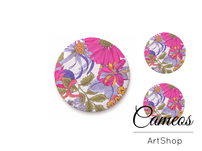 Glass cabochon set 1x25mm and 2x12mm or 1x20mm and 2x10mm, Pink Flowers - S1435 - Cameos Art Shop