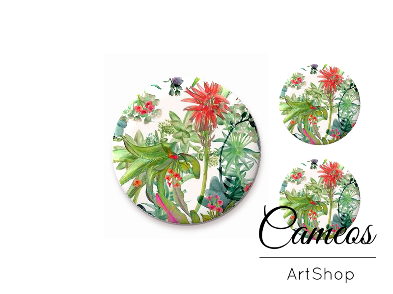 Glass cabochon set 1x25mm and 2x12mm or 1x20mm and 2x10mm, Green Tropical Flowers - S1437 - Cameos Art Shop