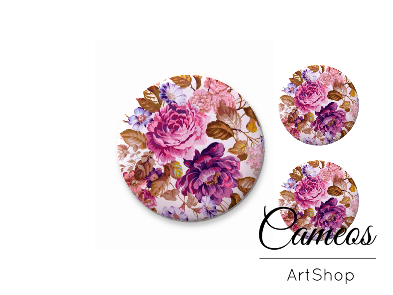 Glass cabochon set 1x25mm and 2x12mm or 1x20mm and 2x10mm, Purple Flowers - S1443 - Cameos Art Shop