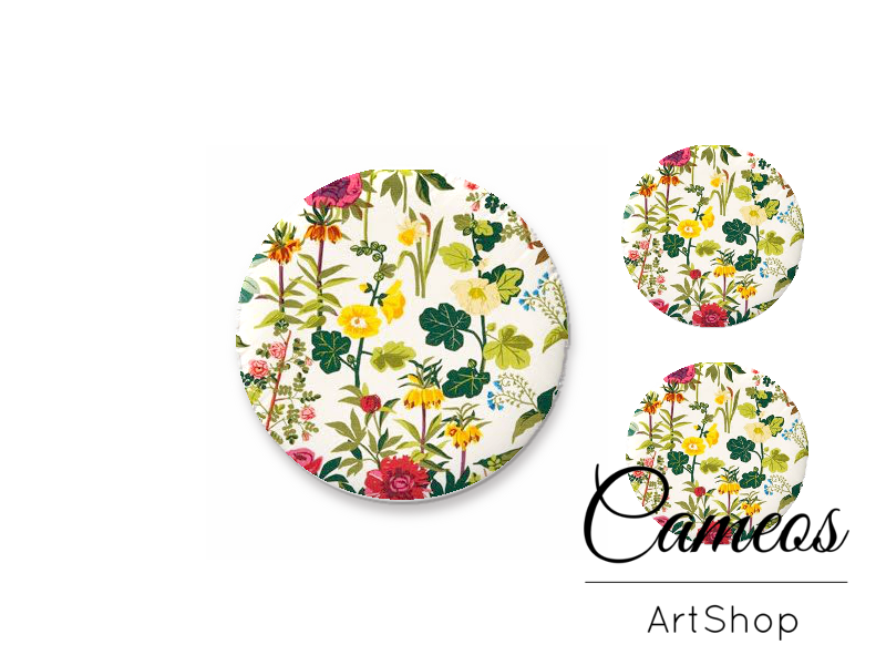 Glass cabochon set 1x25mm and 2x12mm or 1x20mm and 2x10mm, Yellow Flowers - S1444 - Cameos Art Shop