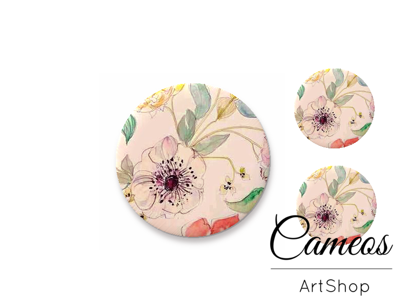 Glass cabochon set 1x25mm and 2x12mm or 1x20mm and 2x10mm, Flowers - S1446 - Cameos Art Shop