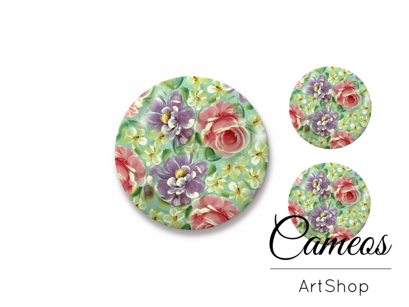 Glass cabochon set 1x25mm and 2x12mm or 1x20mm and 2x10mm, Green Flowers - S1447 - Cameos Art Shop