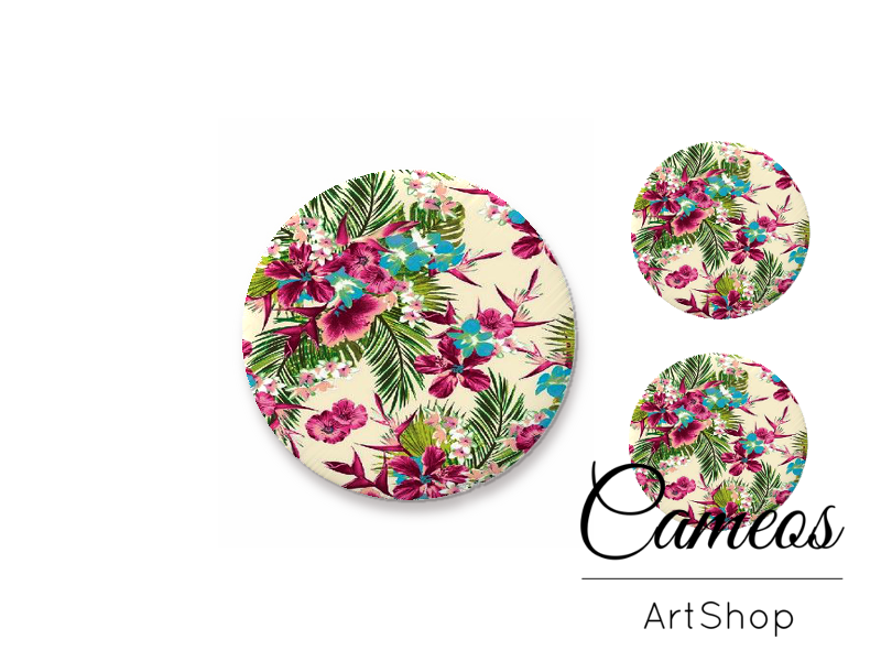 Glass cabochon set 1x25mm and 2x12mm or 1x20mm and 2x10mm, Tropical Flowers - S1448 - Cameos Art Shop