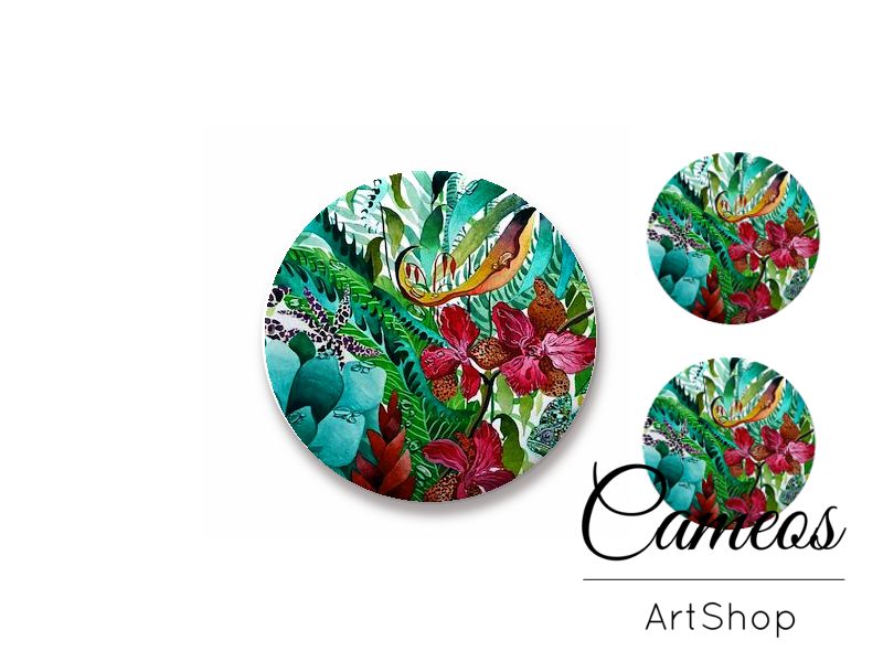 Glass cabochon set 1x25mm and 2x12mm or 1x20mm and 2x10mm, Green tropical Flowers - S1449 - Cameos Art Shop