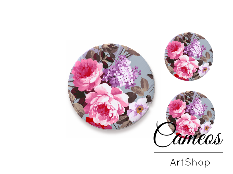 Glass cabochon set 1x25mm and 2x12mm or 1x20mm and 2x10mm, Purple Flowers - S1467 - Cameos Art Shop