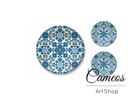 Glass cabochon set 1x25mm and 2x12mm or 1x20mm and 2x10mm, Blue Mosaic - S1479 - Cameos Art Shop