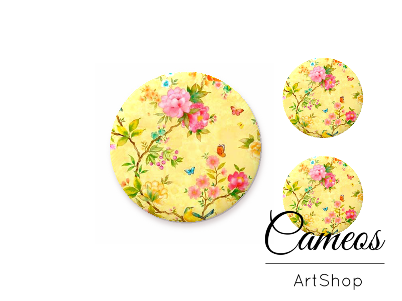 Glass cabochon set 1x25mm and 2x12mm or 1x20mm and 2x10mm, Yellow Flowers - S1484 - Cameos Art Shop