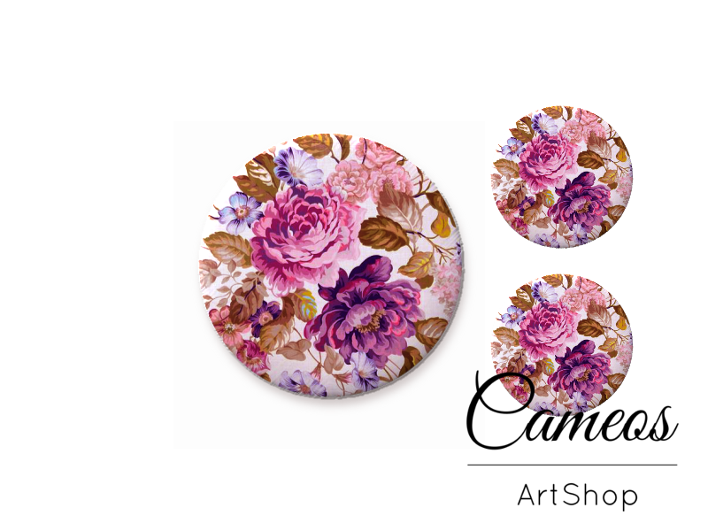 Glass cabochon set 1x25mm and 2x12mm or 1x20mm and 2x10mm, Floral - S1491 - Cameos Art Shop