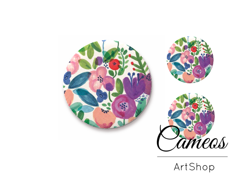 Glass cabochon set 1x25mm and 2x12mm or 1x20mm and 2x10mm, Flowers - S1509 - Cameos Art Shop