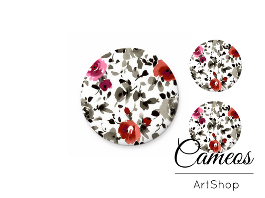 Glass cabochon set 1x25mm and 2x12mm or 1x20mm and 2x10mm, Flowers- S1516 - Cameos Art Shop