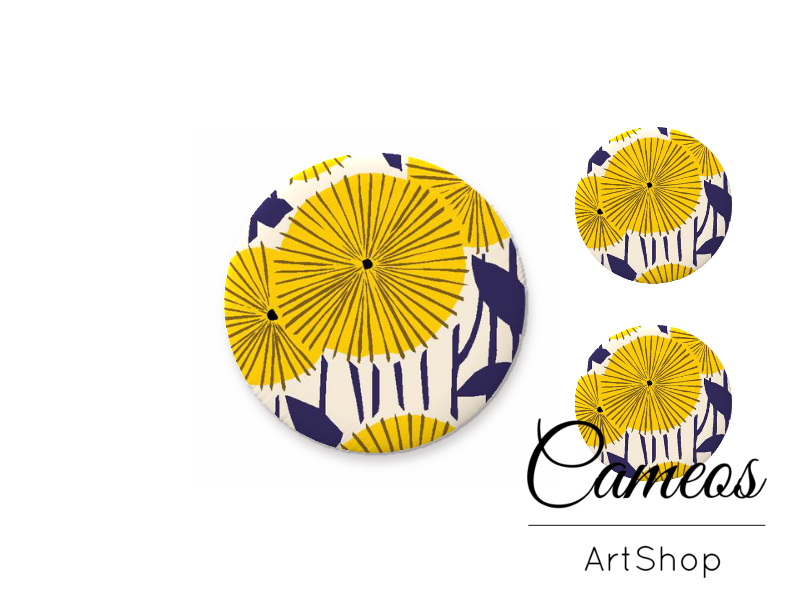 Glass cabochon set 1x25mm and 2x12mm or 1x20mm and 2x10mm, Yellow Flowers- S1520 - Cameos Art Shop