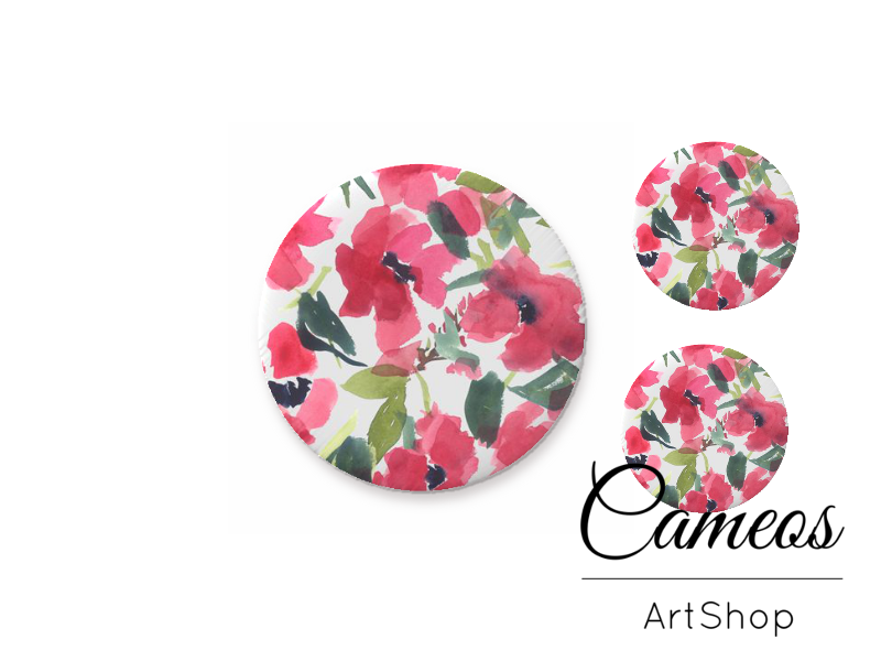 Glass cabochon set 1x25mm and 2x12mm or 1x20mm and 2x10mm, Pink Flowers- S1523 - Cameos Art Shop
